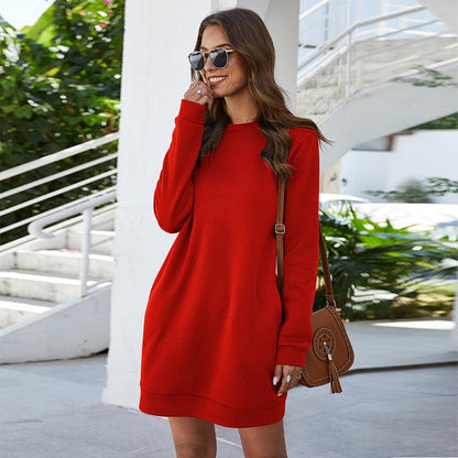 loveedsTM- Autumn Winter O Neck Long Sleeve Women's Sweatshirt Dress New Fashion Solid Loose Pocket Ladies Mini Dress Vestidos