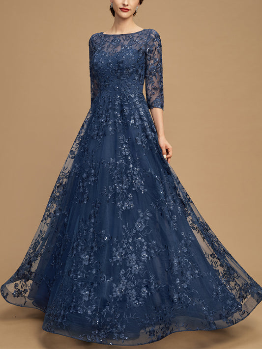 Round Neck Lace Long Sleeve Solid Color Maxi Dress