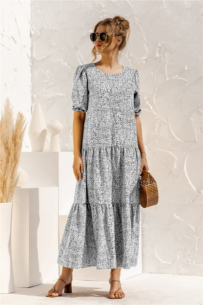 loveedsTM-Summer Polka Dot Plaid Print Robe Maxi Dress Women Elegant Puff Sleeve Casual Patchwork Loose Holiday Party Long Vestidos