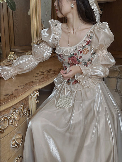 loveedsTM- French Vintage Print Floral Dress Women O-neck Elegant Evening Party Midi Dress Female Puff Sleeve Korea Fairy Dress Autumn