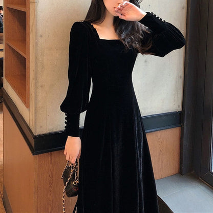 loveedsTM- Vintage Black Velvet Dress 2024 Women Autumn Winter Warm Long Sleeve Maxi Dress French Elegant V-Neck Party Dresses