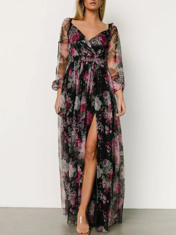 Temperament Split Mesh Printing Maxi Dress