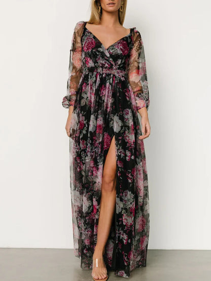 Temperament Split Mesh Printing Maxi Dress