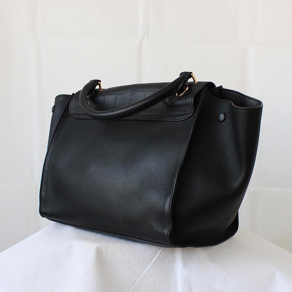 Celine Black Croc Embossed Leather and Suede Medium Trapeze Bag