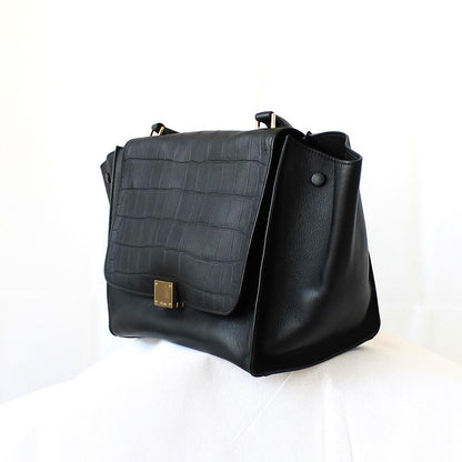 Celine Black Croc Embossed Leather and Suede Medium Trapeze Bag