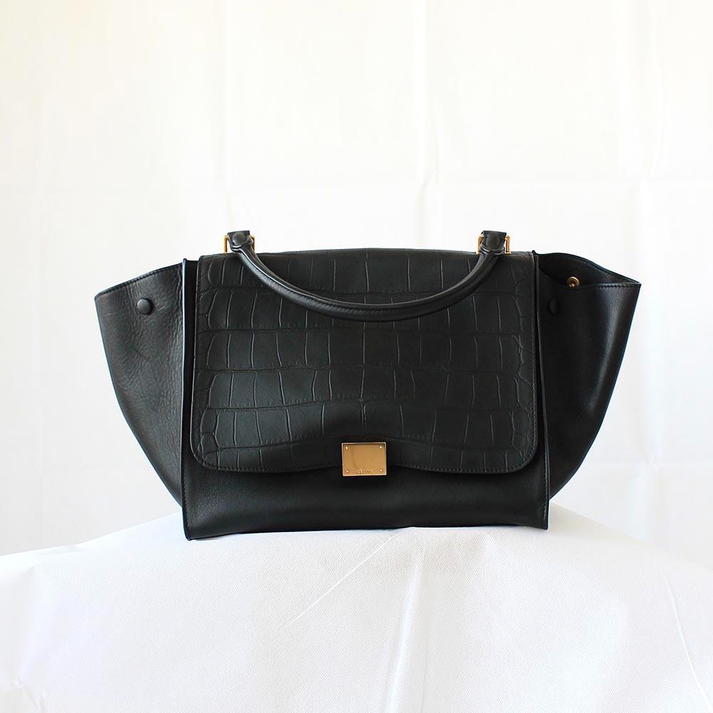 Celine Black Croc Embossed Leather and Suede Medium Trapeze Bag