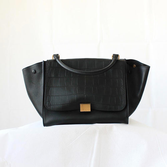 Celine Black Croc Embossed Leather and Suede Medium Trapeze Bag