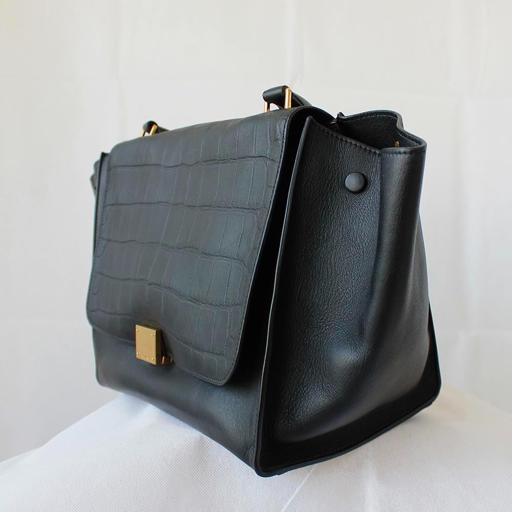 Celine Black Croc Embossed Leather and Suede Medium Trapeze Bag