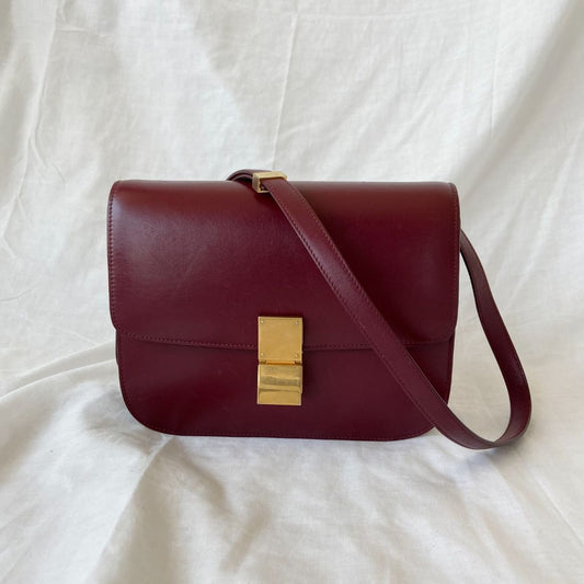 Celine Burgundy Leather Medium Classic Box Shoulder Flap Bag