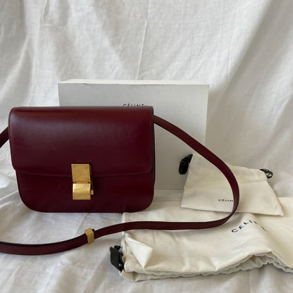 Celine Burgundy Leather Medium Classic Box Shoulder Flap Bag