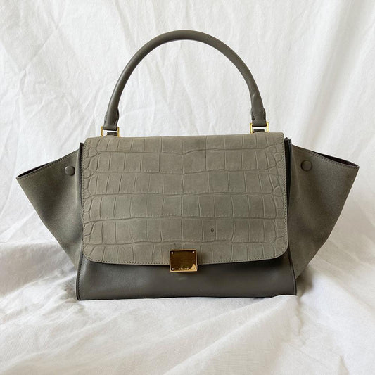 Celine Grey Croc Embossed Medium Trapeze Top Handle Bag
