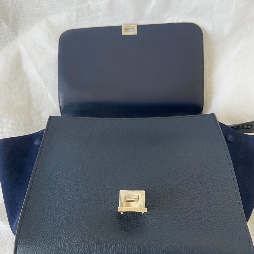Céline Navy Blue Suede and Leather Medium Trapeze Top Handle Bag