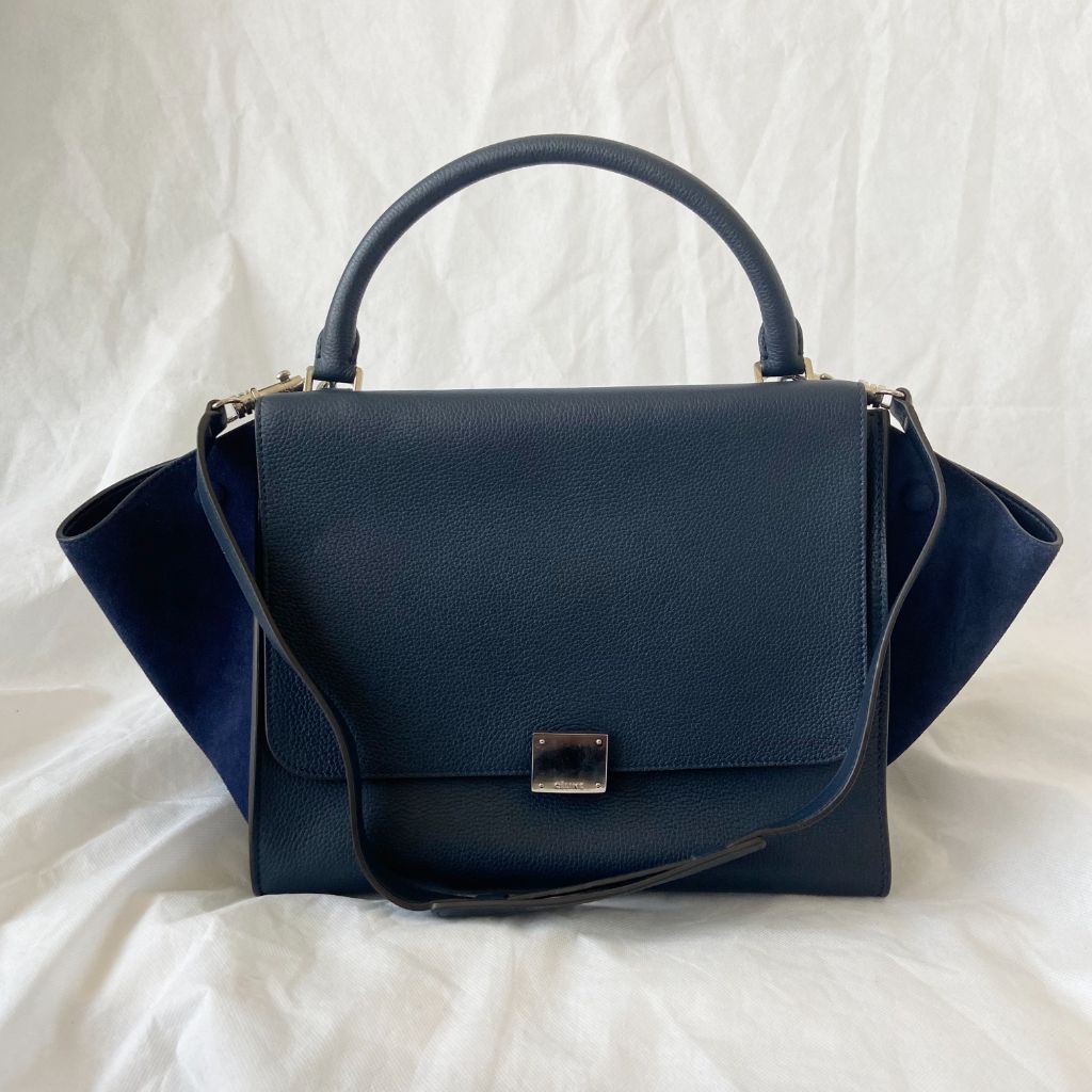 Céline Navy Blue Suede and Leather Medium Trapeze Top Handle Bag