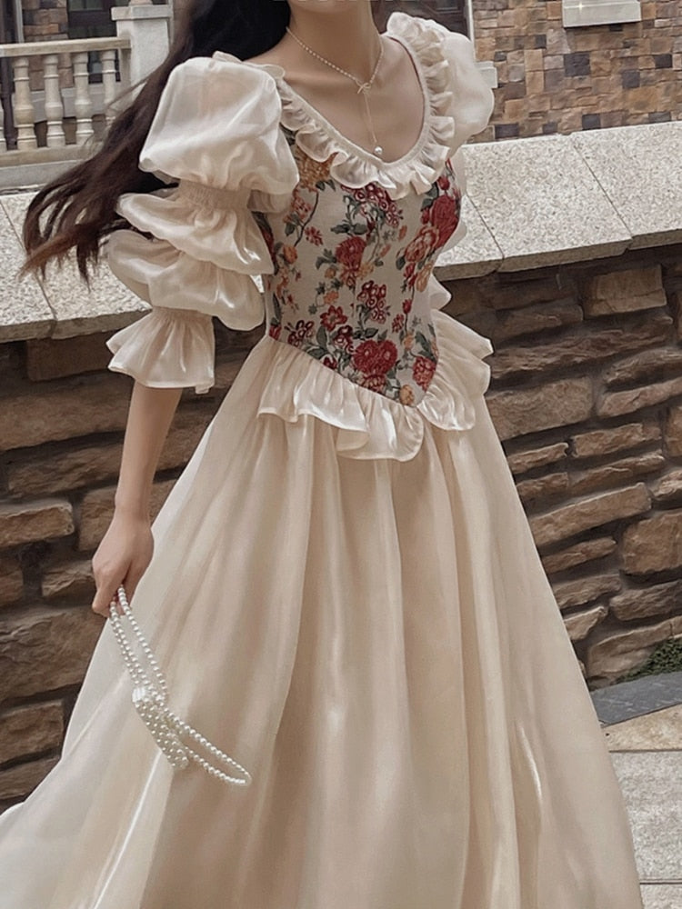 loveedsTM- French Vintage Print Floral Dress Women O-neck Elegant Evening Party Midi Dress Female Puff Sleeve Korea Fairy Dress Autumn