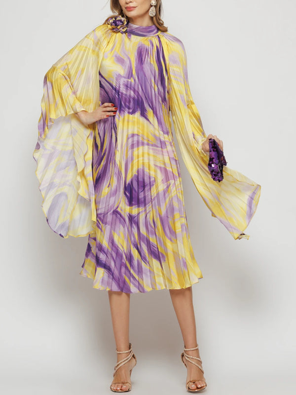 Pleated Elegant Chiffon Color Matching Ladies Dress