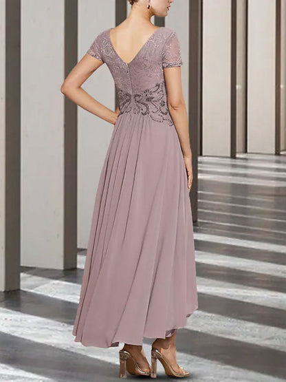 Lace Short Sleeve V Neck Style Wedding Mother-of-the-Bride Dress