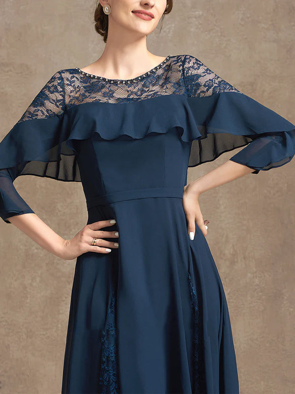 Round Neck Solid Color Lace Midi Dress