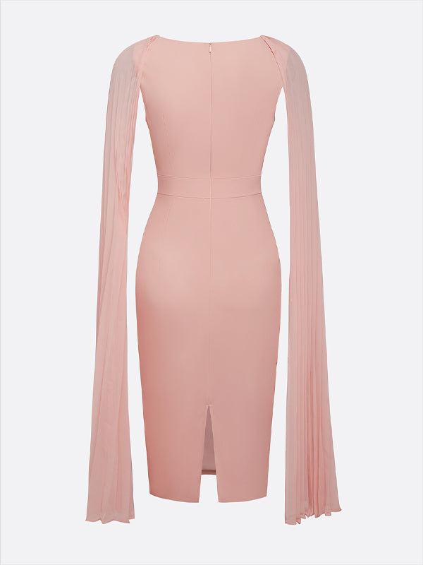 Light Pink Pleated Classic V Neck Sleeveless Sheath Midi Dress