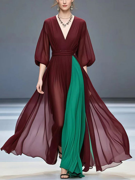 Red V-neck Chiffon Maxi Dress