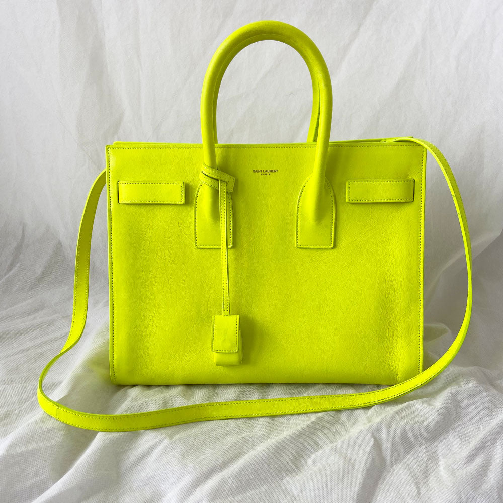 Saint Laurent Neon Yellow Leather Small Classic Sac De Jour Tote