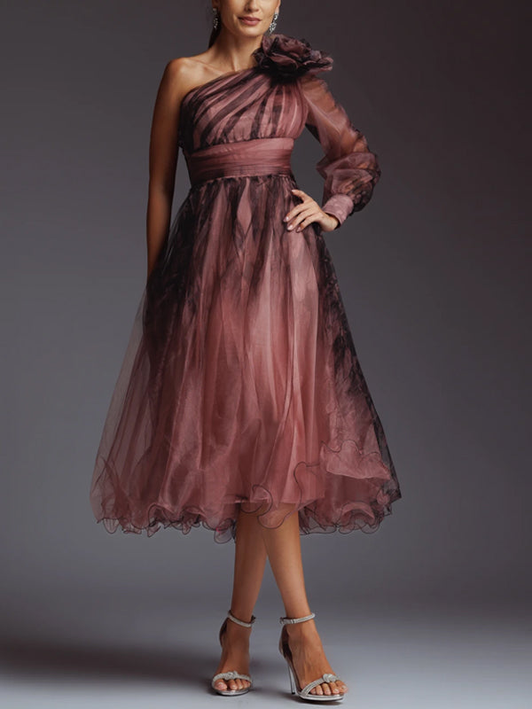 Off-shoulder Mesh Print Midi Dress