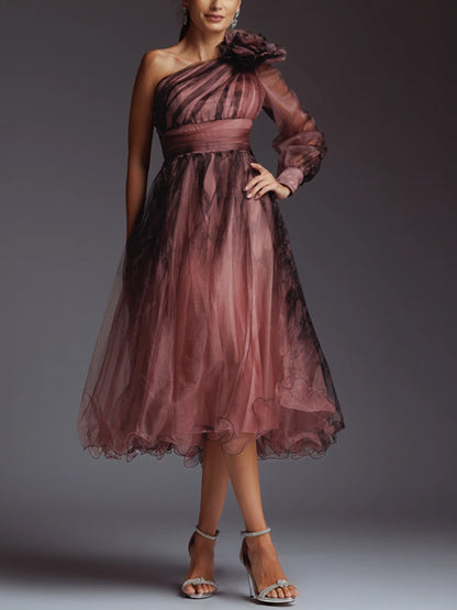 Off-shoulder Mesh Print Midi Dress