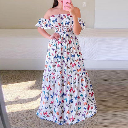 loveedsTM-Sexy Off The Shoulder Tube Top Dress Butterfly Rainbow Floral Print Dress Ladies Elegant Slim Summer Bohemian Party Maxi Dresses