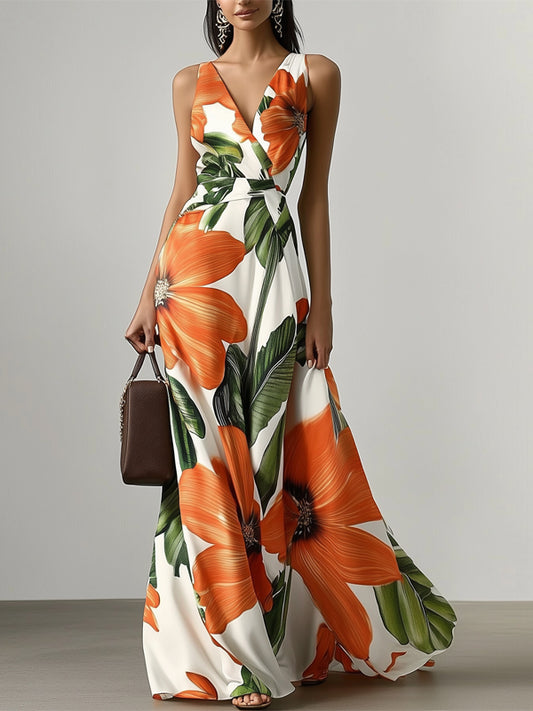V-neck Sleeveless Printed Maxi Dress
