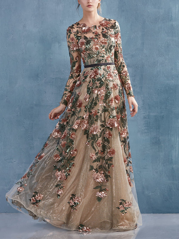 Lace Long Sleeve Printed Maxi Dress