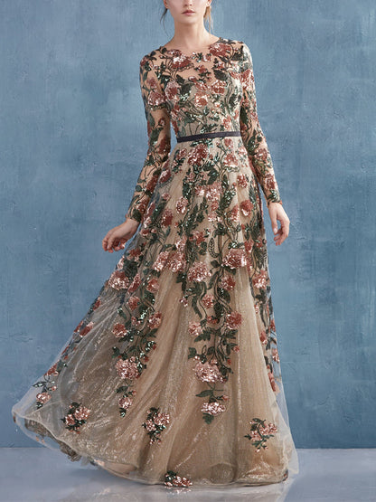 Lace Long Sleeve Printed Maxi Dresses