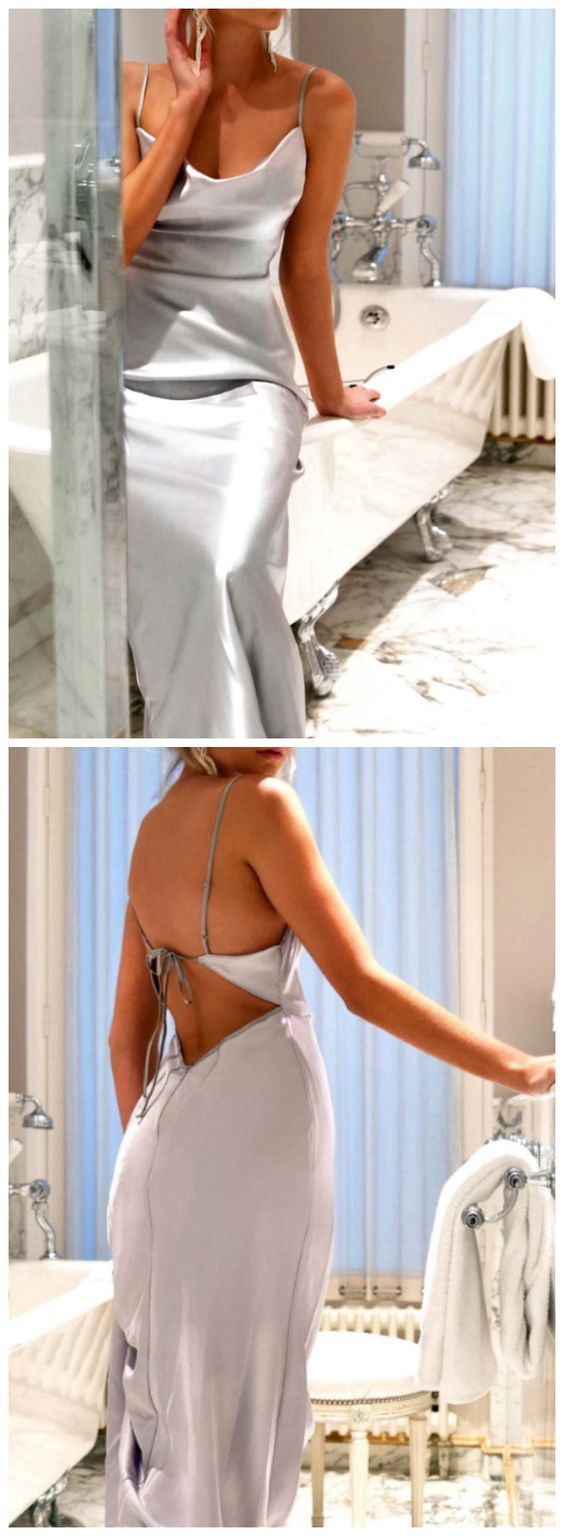 Silver Spaghetti Straps Backless Floor-Length Sheath Prom Dress   cg10125