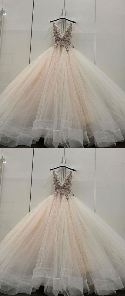 Champagne v neck tulle lace long prom dress, champagne evening dress cg1015
