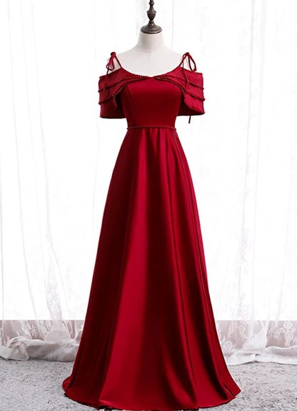 2021 BURGUNDY SATIN BEADS LONG PROM DRESS BURGUNDY EVENING DRESS   cg10280