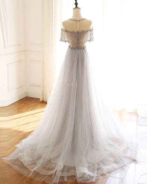 GRAY ROUND NECK TULLE BEADS LONG PROM DRESS FORMA LDRESS   cg10284