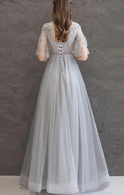 CUTE GRAY LACE TULLE LONG PROM DRESS GRAY TULLE LACE FORMAL DRESS   cg10286