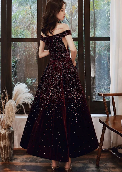 CUTE BURGUNDY SEQUIN TEA LENGTH PROM DRESS BURGUNDY EVENING DRESS   cg10289