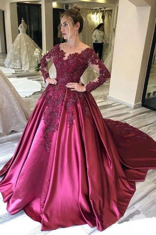 Cheap Ball Gown Long Sleeves Burgundy Satin Beads Prom Dresses with Appliques Quinceanera Dress    cg10353