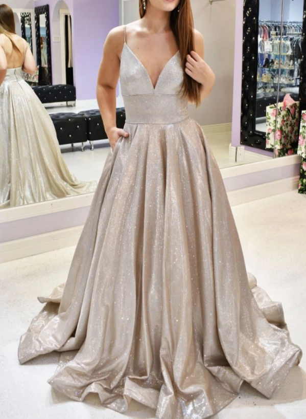 Champagne v neck long prom dress champagne evening dress   cg10392