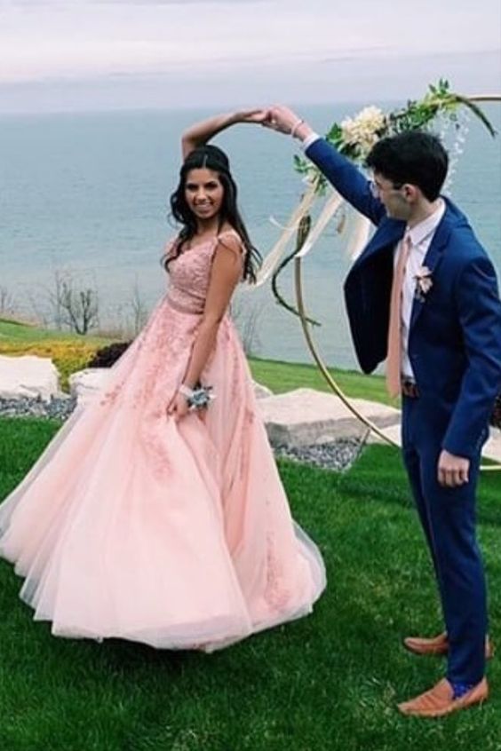 princess Pink A-line tulle and lace appliques long prom dress formal dress   cg10400