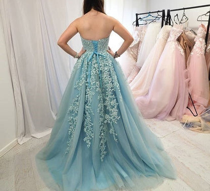 Modest Tulle Open Back Evening Dress with Appliques, Formal Prom Dress   cg10447