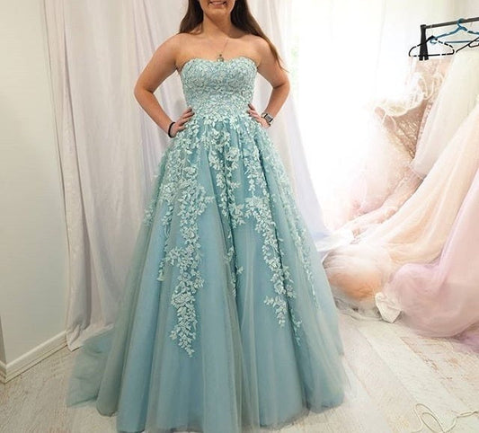 Modest Tulle Open Back Evening Dress with Appliques, Formal Prom Dress   cg10447