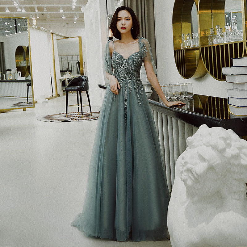 STYLISH V NECK TULLE LONG PROM DRESS, EVENING DRESS   cg10460