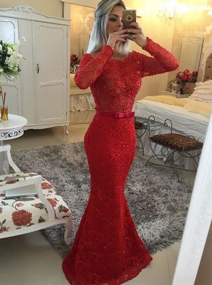 Mermaid Long Sleeves Scoop Lace Long  prom Dress   cg10480