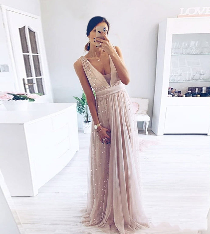 STYLISH V NECK TULLE LONG PROM DRESS    cg10486