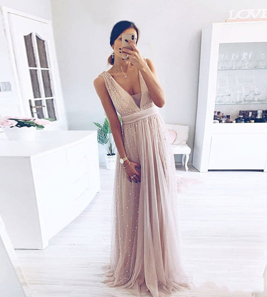 STYLISH V NECK TULLE LONG PROM DRESS    cg10486