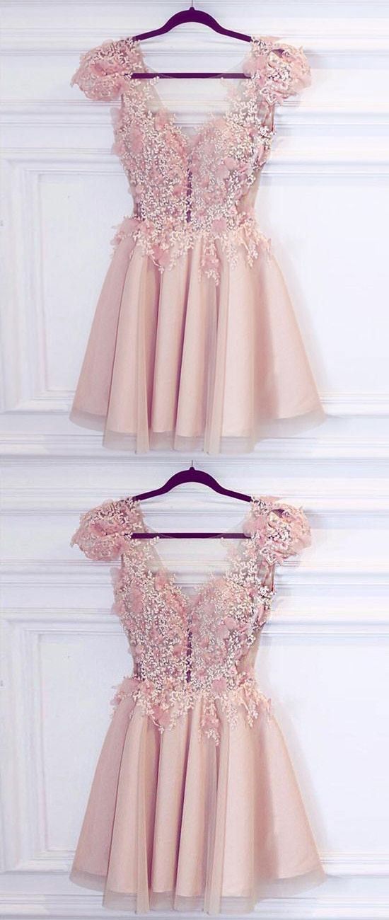 A-Line Deep V-Neck Cap Sleeves Pink Tulle Short Homecoming Dress with Appliques cg1051