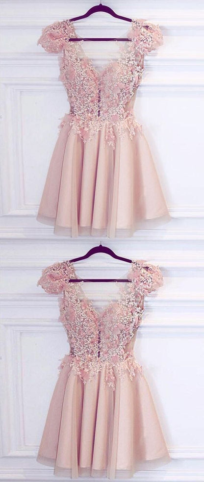 A-Line Deep V-Neck Cap Sleeves Pink Tulle Short Homecoming Dress with Appliques cg1051