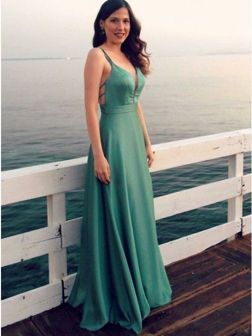 A-Line V-Neck Sleeveless Green Stretch Satin Prom Dress   cg10534