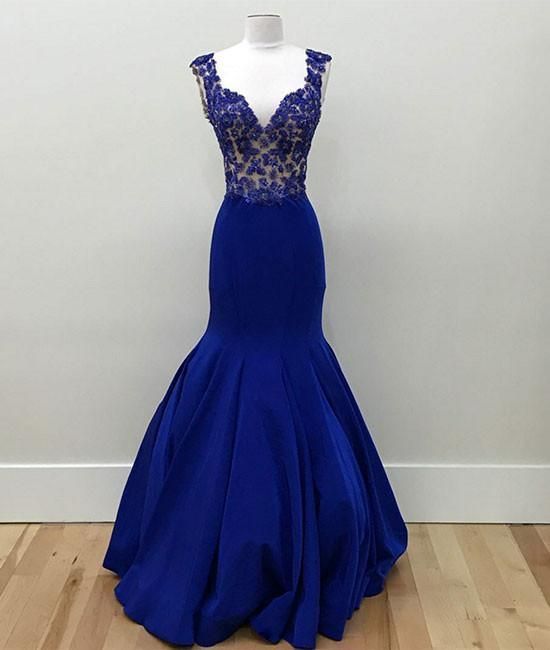 ROYAL BLUE V NECK MERMAID LONG PROM DRESS   cg10537