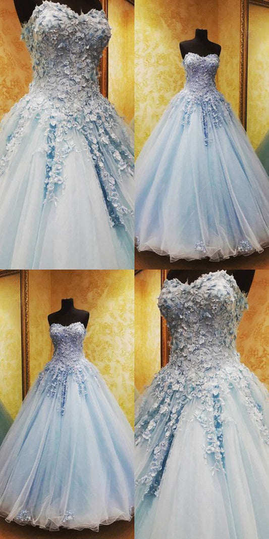 Charming Tulle Appliques Ball Gown Prom Dresses, Blue Quinceanera Dresses   cg10577